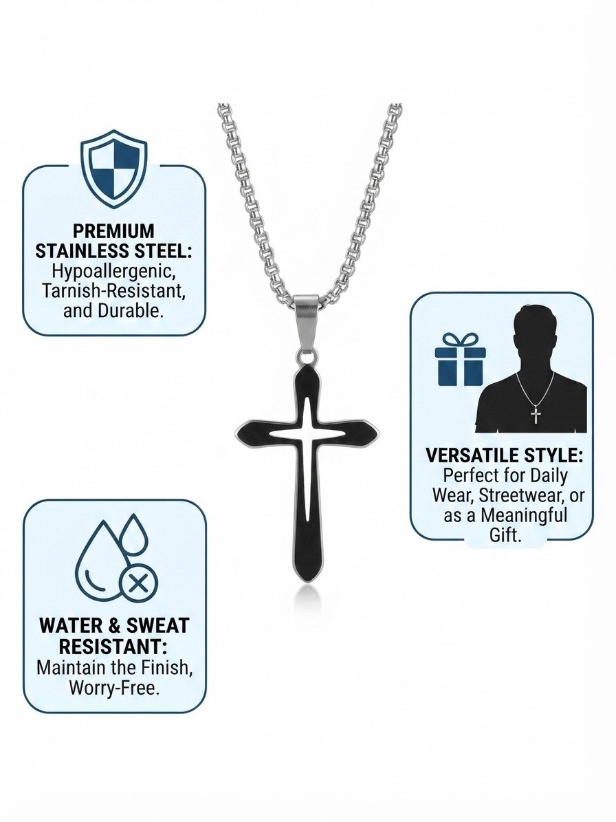 Men's Stainless Steel Cross Pendant Necklace | Waterproof & Tarnish-Resistant - Image 2