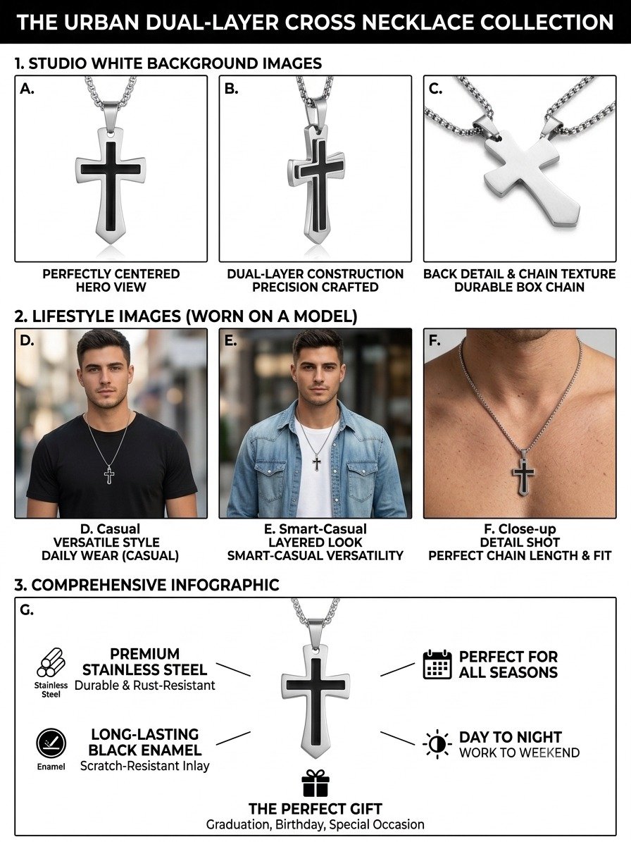 Men’s Black Cross Pendant Necklace – Silver-Tone Stainless Steel Cross Chain - Image 4