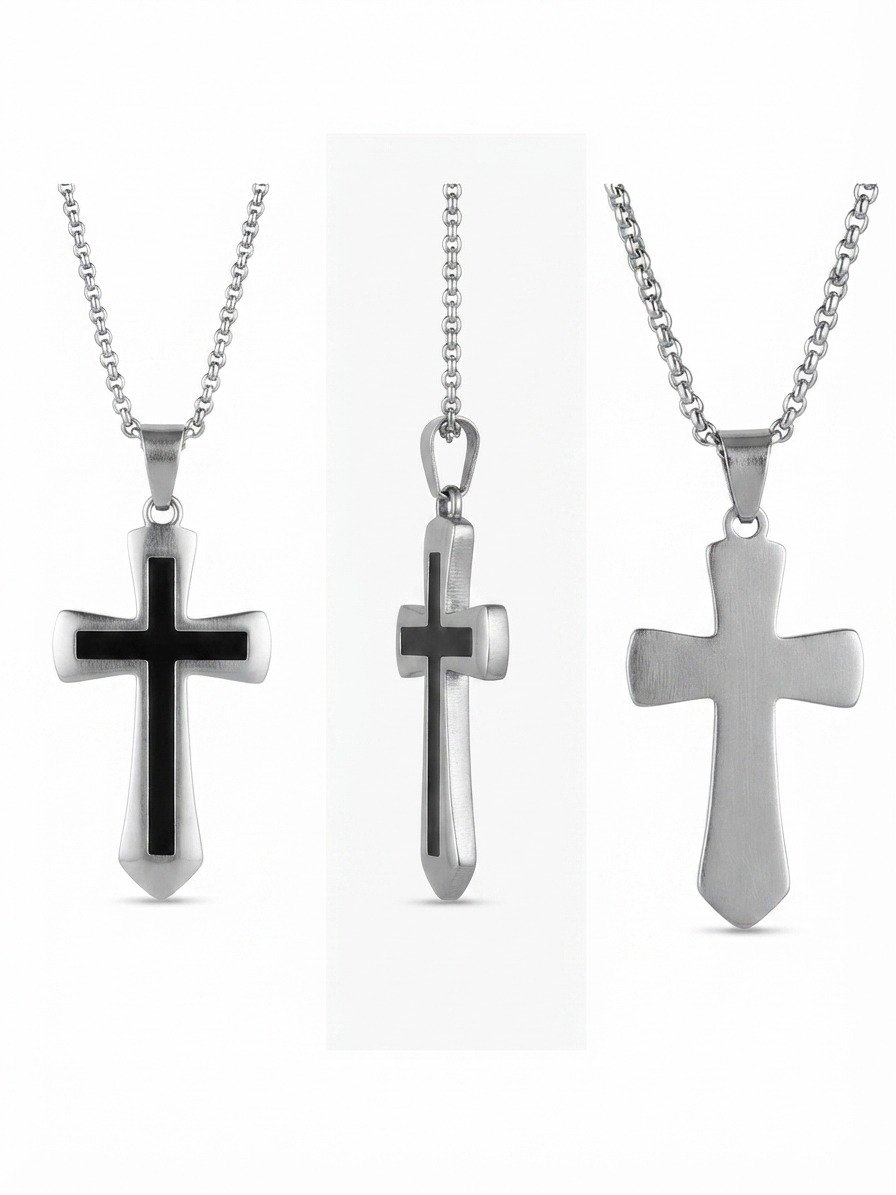 Men’s Black Cross Pendant Necklace – Silver-Tone Stainless Steel Cross Chain - Image 3