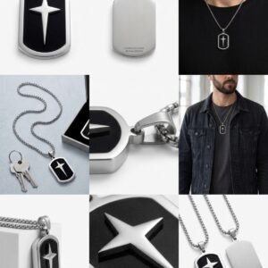 Men’s Stainless Steel Cross Pendant Necklace – Black & Silver Dog Tag