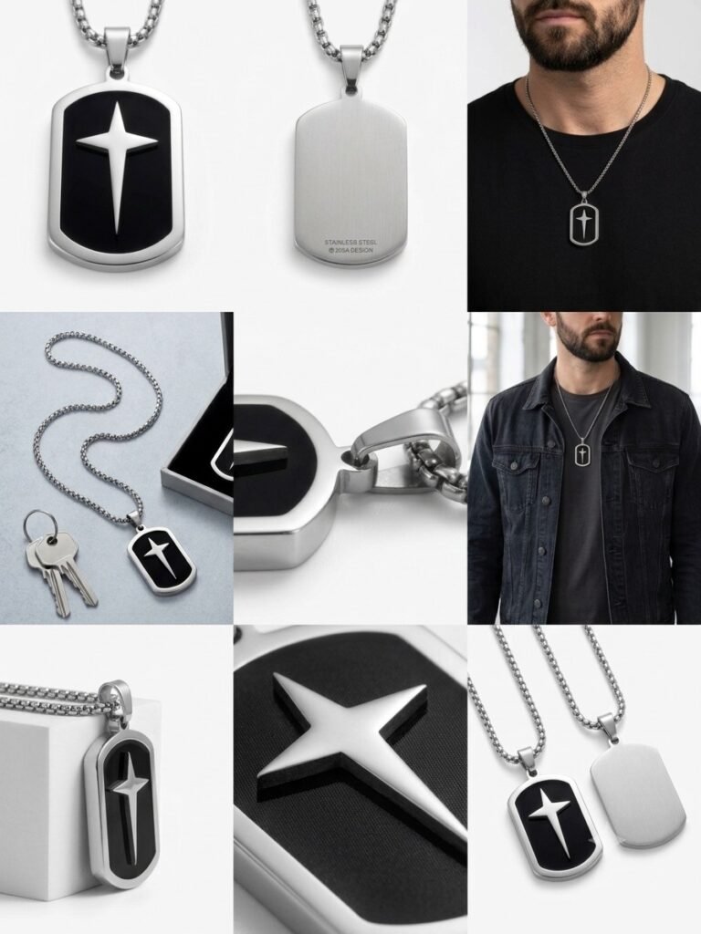 Men’s Stainless Steel Cross Pendant Necklace – Black & Silver Dog Tag