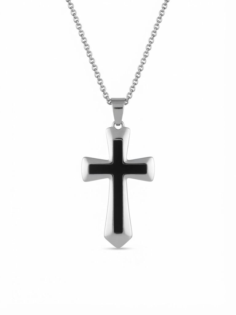 Men’s Black Cross Pendant Necklace – Silver-Tone Stainless Steel Cross Chain