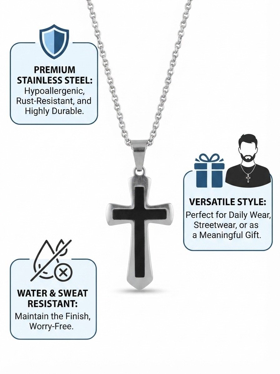 Men’s Black Cross Pendant Necklace – Silver-Tone Stainless Steel Cross Chain - Image 2