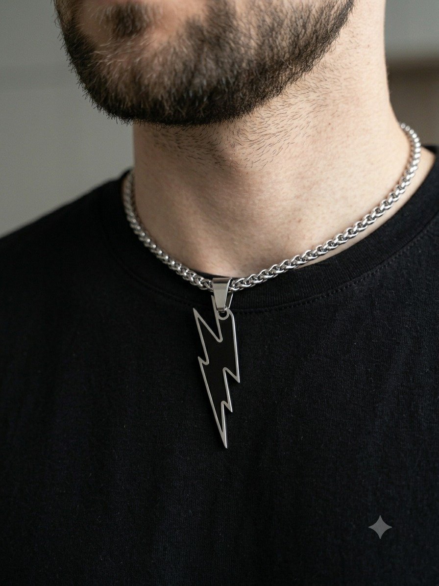 Silver Lightning Bolt Pendant Necklace for Men & Women | Stainless Steel Black Enamel Charm Chain - Image 3