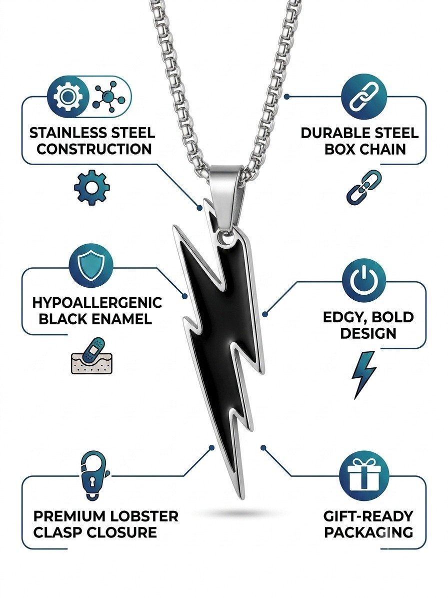 Silver Lightning Bolt Pendant Necklace for Men & Women | Stainless Steel Black Enamel Charm Chain - Image 2