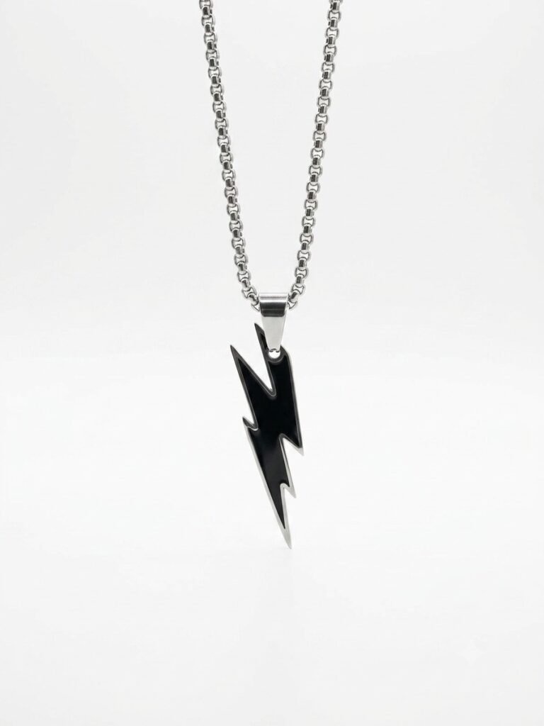 Silver Lightning Bolt Pendant Necklace for Men & Women | Stainless Steel Black Enamel Charm Chain