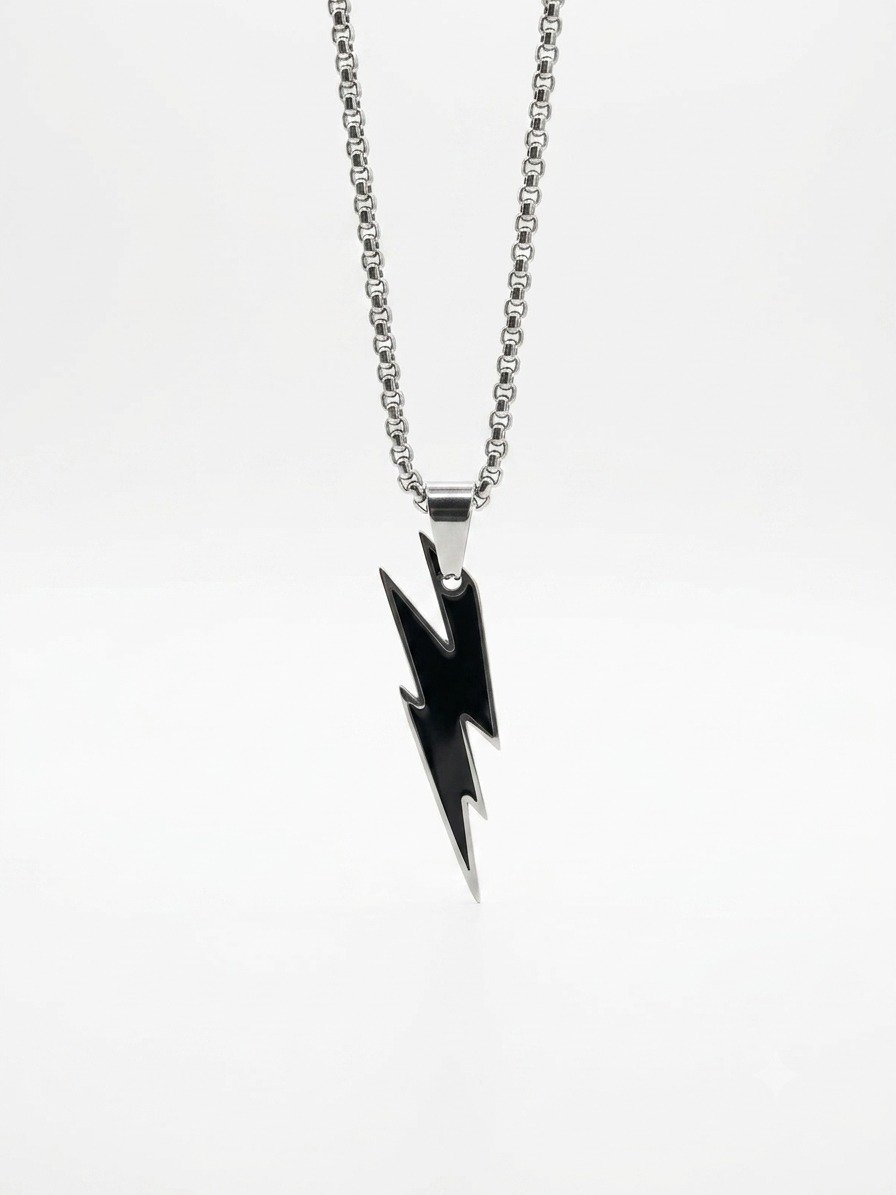 Silver Lightning Bolt Pendant Necklace for Men & Women | Stainless Steel Black Enamel Charm Chain